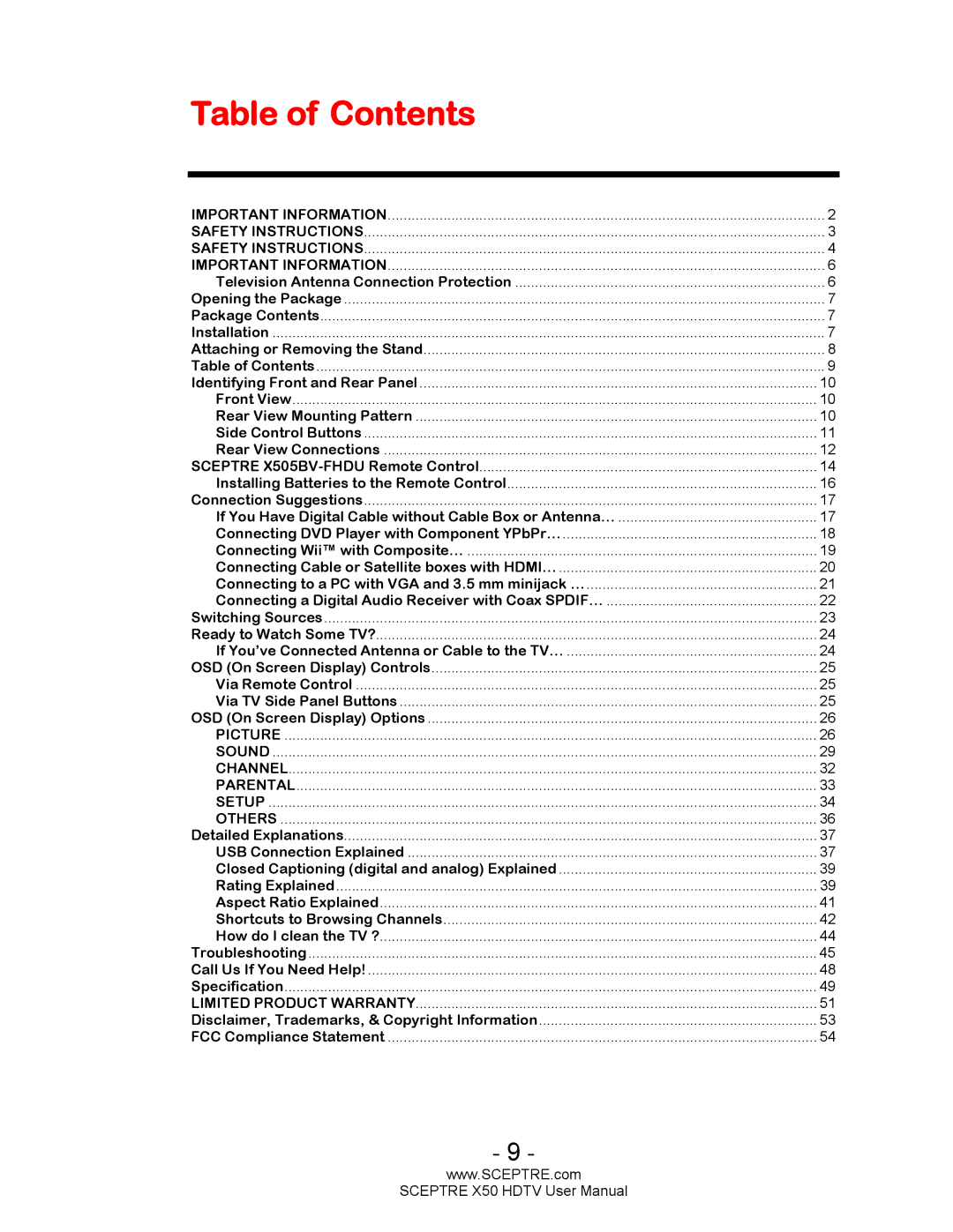 Sceptre Technologies X50 user manual Table of Contents 