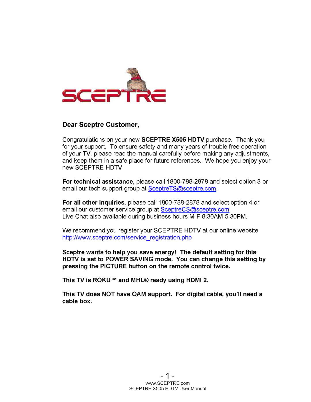 Sceptre Technologies X505 user manual Dear Sceptre Customer 