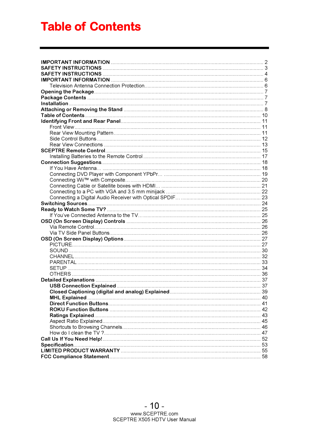 Sceptre Technologies X505 user manual Table of Contents 