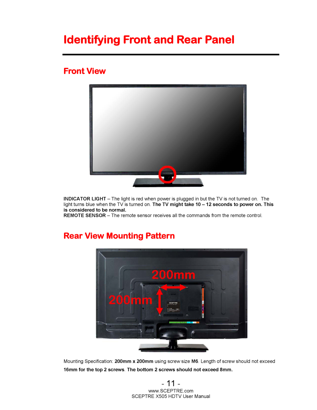 Sceptre Technologies X505 user manual Identifying Front and Rear Panel, Front View, Rear View Mounting Pattern 