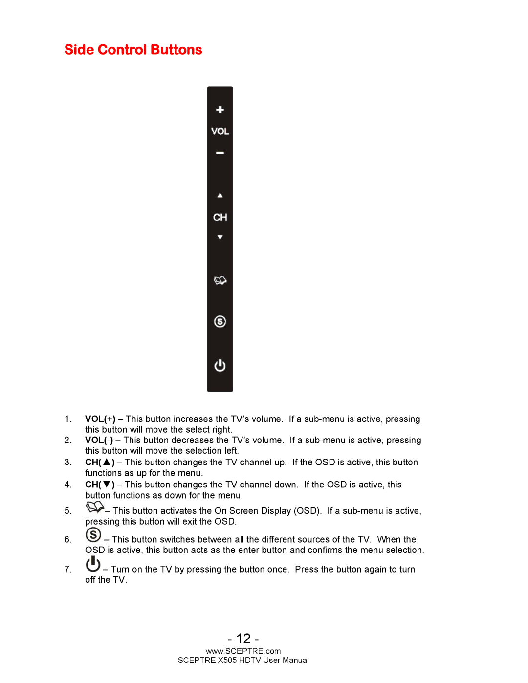 Sceptre Technologies X505 user manual Side Control Buttons 