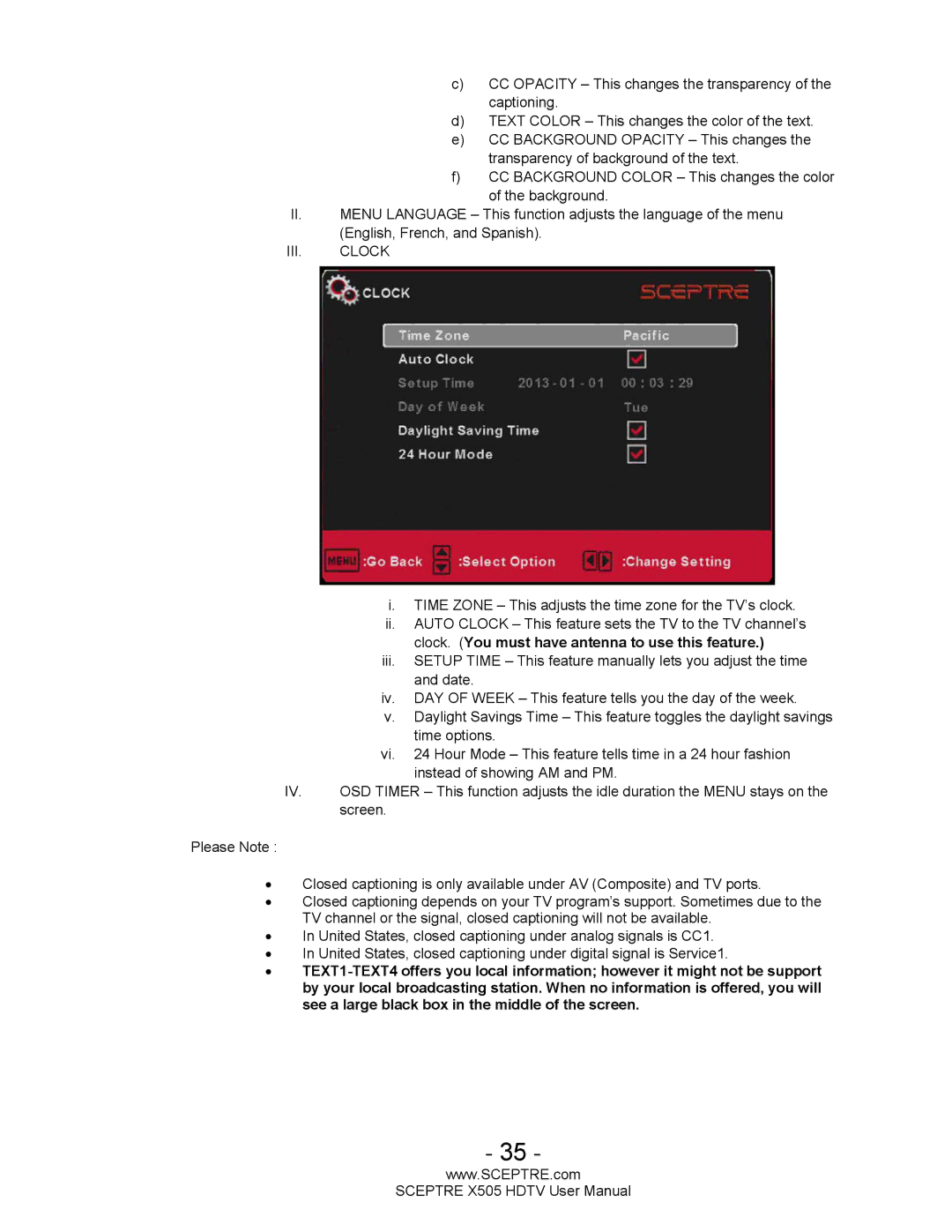 Sceptre Technologies X505 user manual Clock. You must have antenna to use this feature 