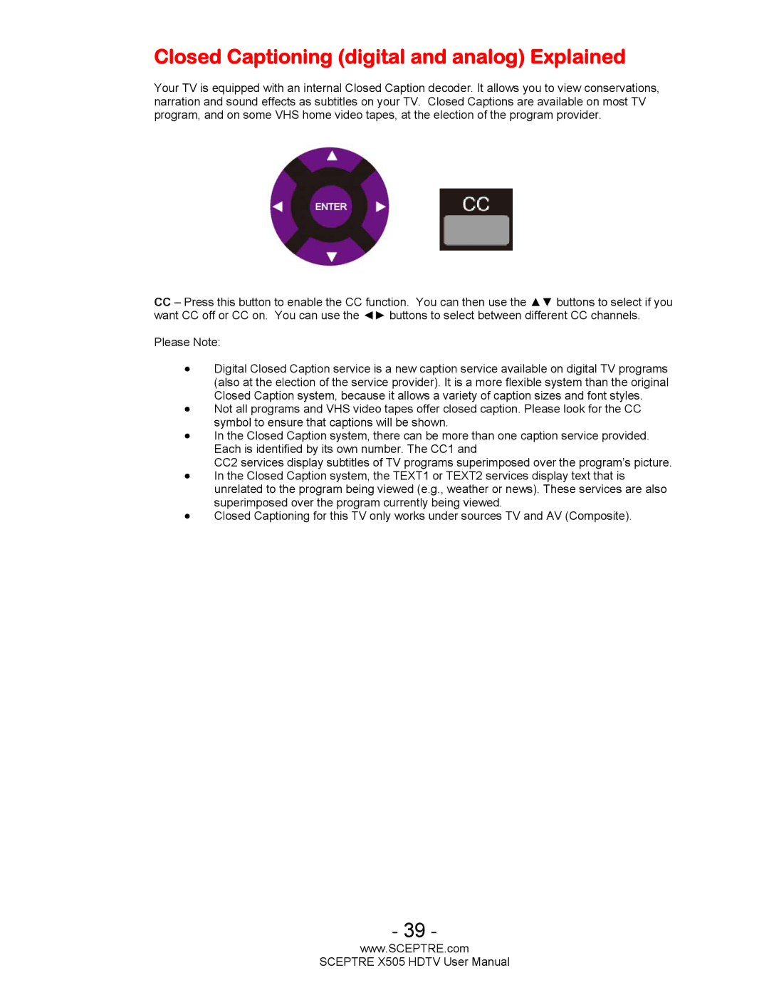 Sceptre Technologies X505 user manual Closed Captioning digital and analog Explained 