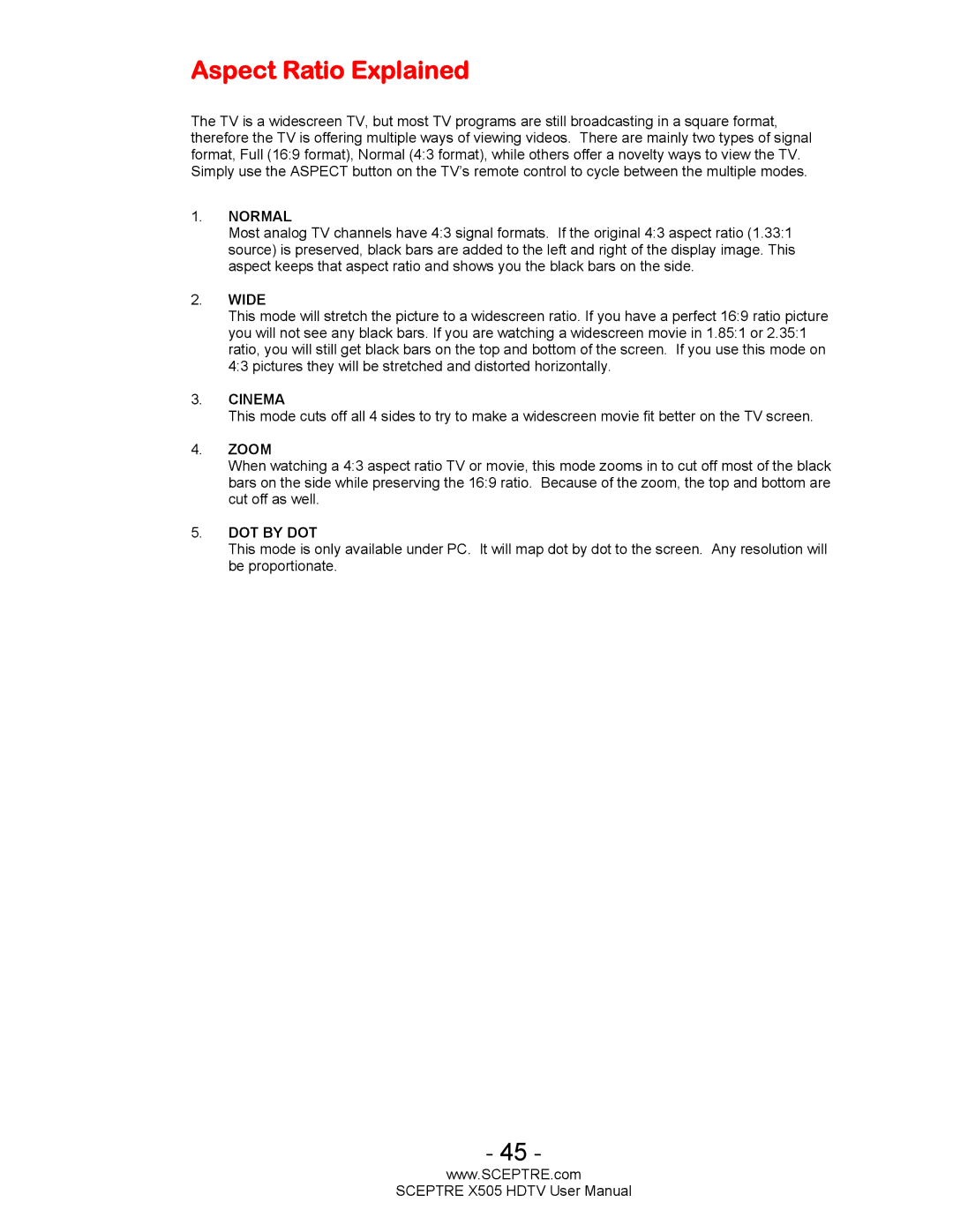 Sceptre Technologies X505 user manual Aspect Ratio Explained, Normal 