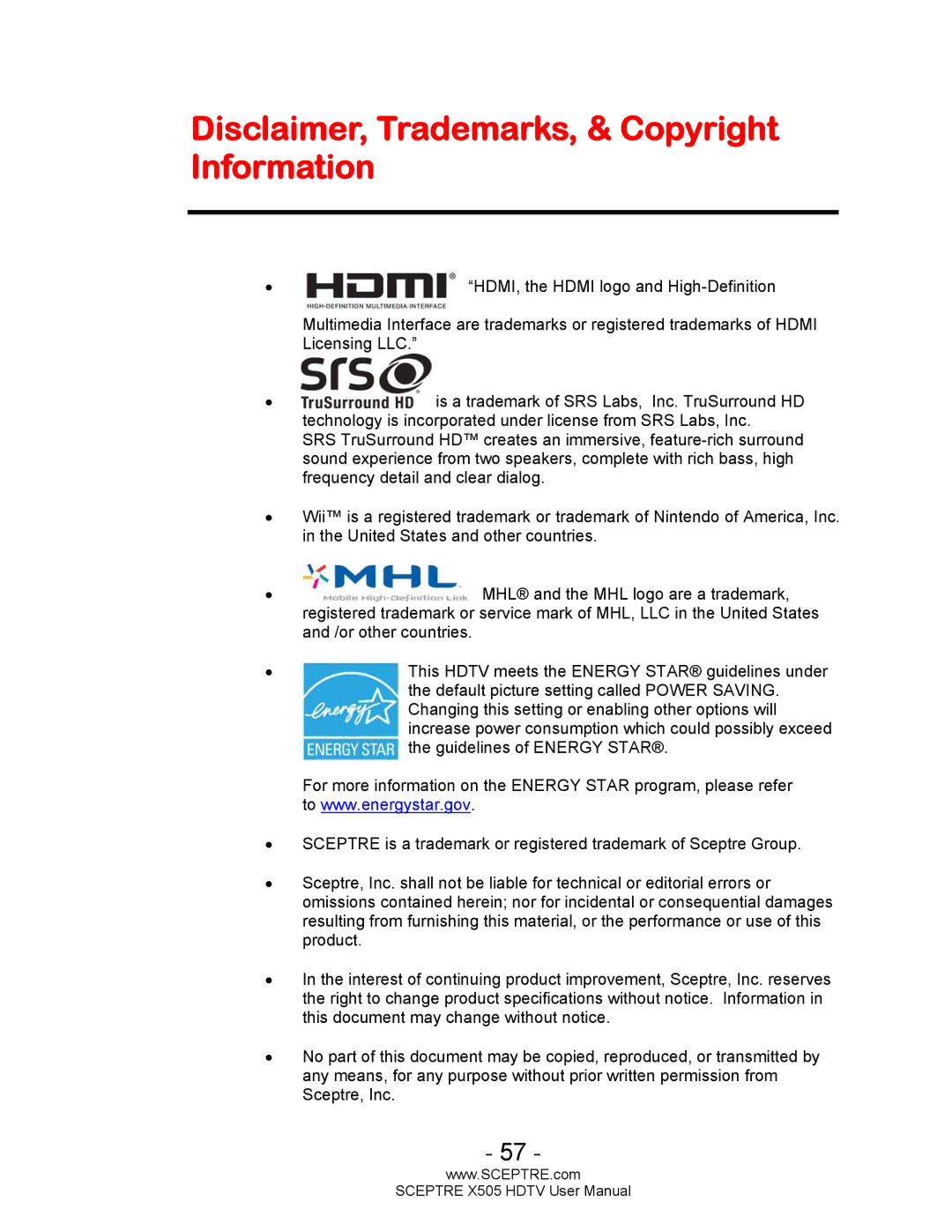 Sceptre Technologies X505 user manual Disclaimer, Trademarks, & Copyright Information 