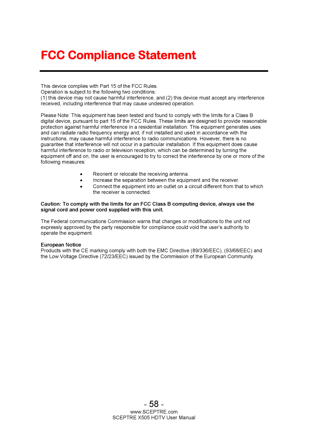 Sceptre Technologies X505 user manual FCC Compliance Statement, European Notice 