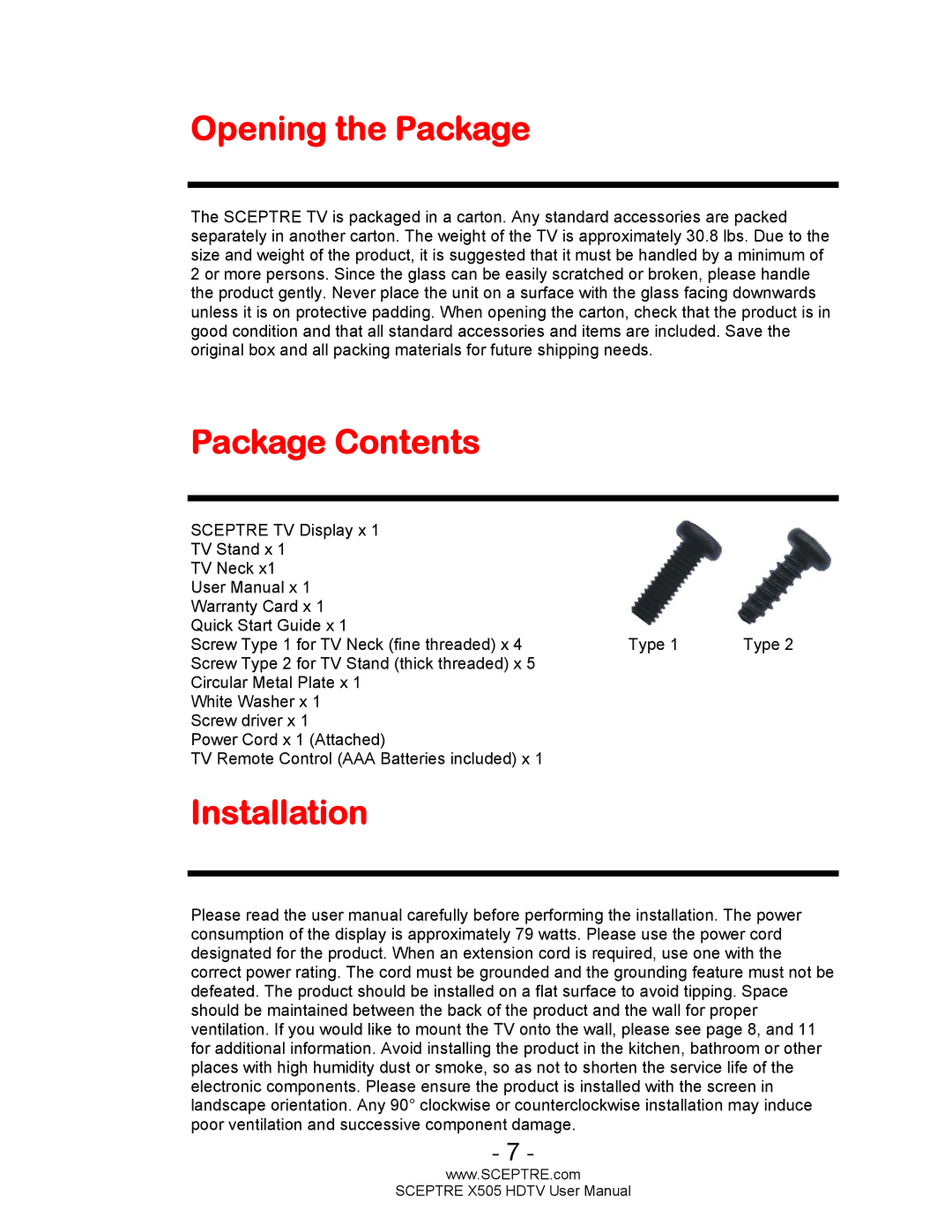 Sceptre Technologies X505 user manual Opening the Package, Package Contents, Installation 