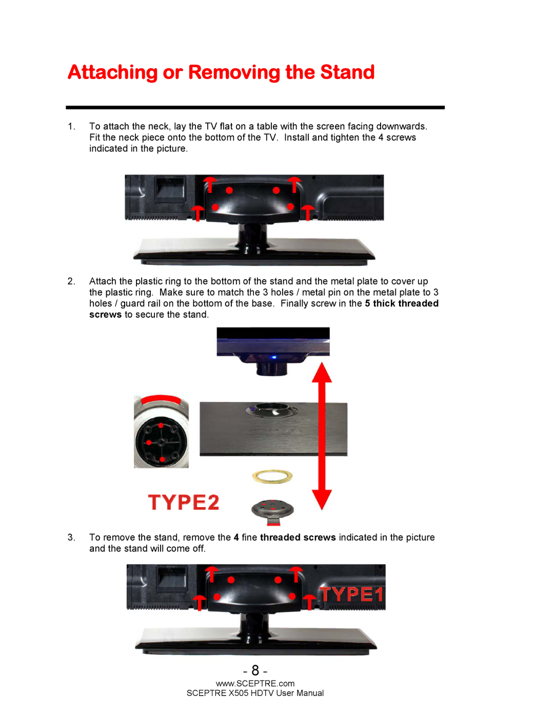 Sceptre Technologies X505 user manual Attaching or Removing the Stand 