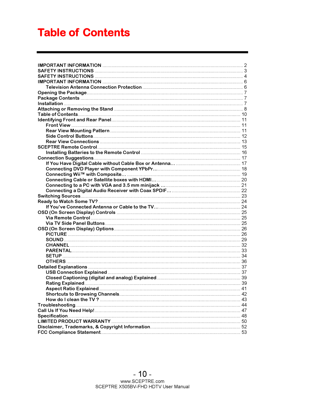 Sceptre Technologies X505BV-FHD user manual Table of Contents 