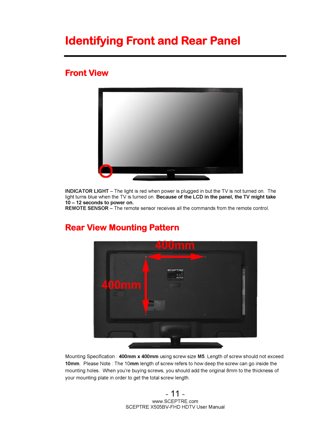 Sceptre Technologies X505BV-FHD user manual Identifying Front and Rear Panel, Front View, Rear View Mounting Pattern 