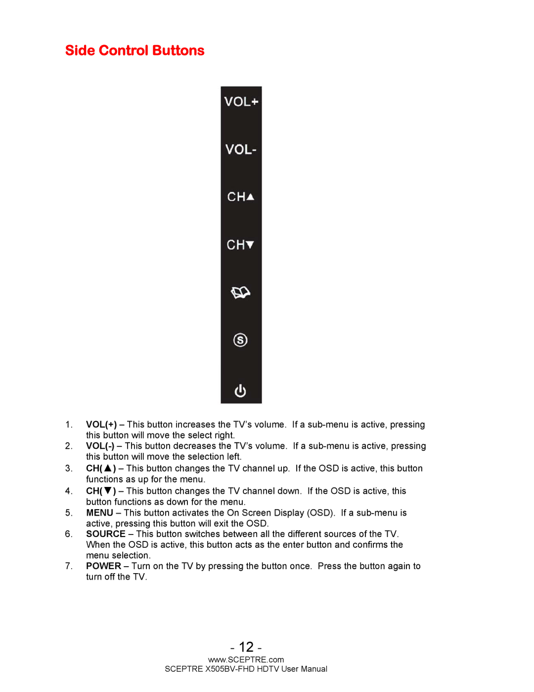 Sceptre Technologies X505BV-FHD user manual Side Control Buttons 