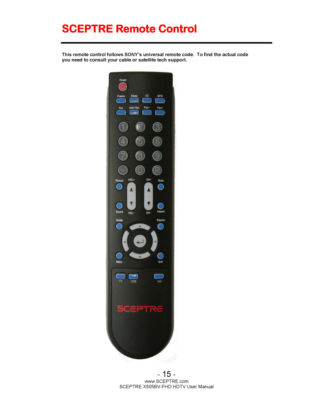 Sceptre Technologies X505BV-FHD user manual Sceptre Remote Control 