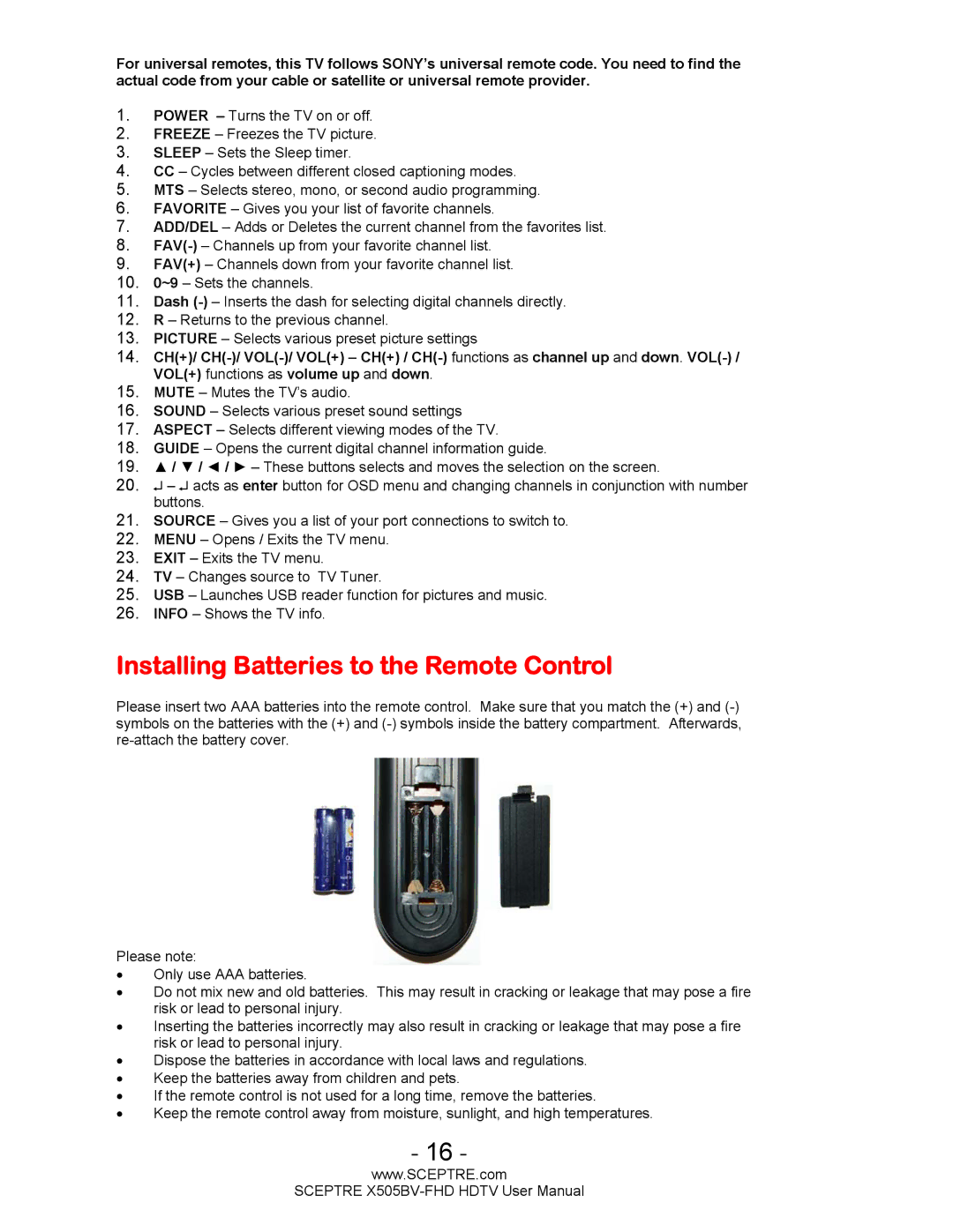 Sceptre Technologies X505BV-FHD user manual Installing Batteries to the Remote Control 