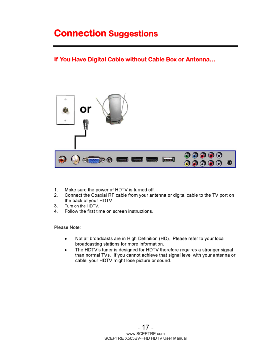 Sceptre Technologies X505BV-FHD user manual Connection Suggestions, If You Have Digital Cable without Cable Box or Antenna… 