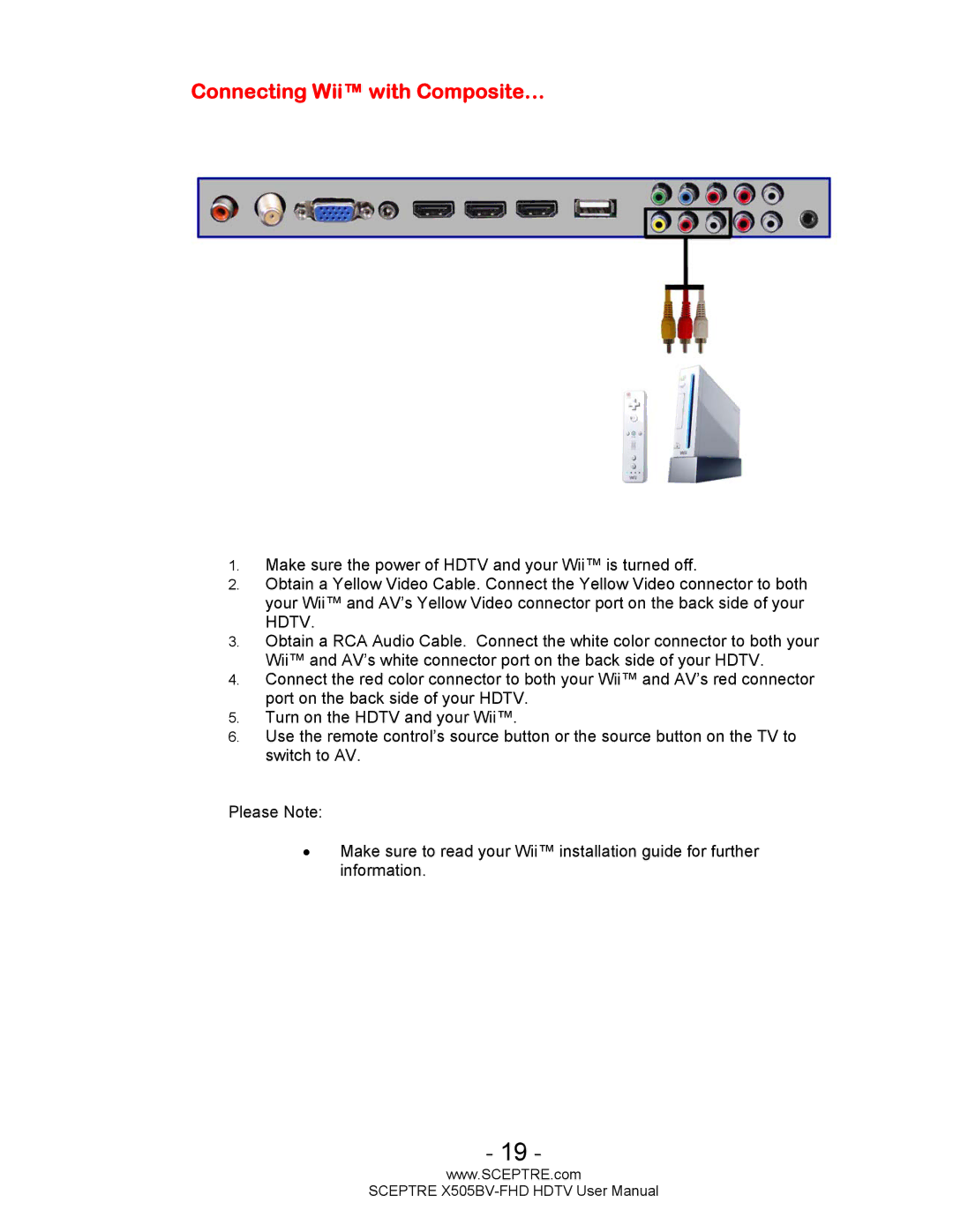 Sceptre Technologies X505BV-FHD user manual Connecting Wii with Composite… 