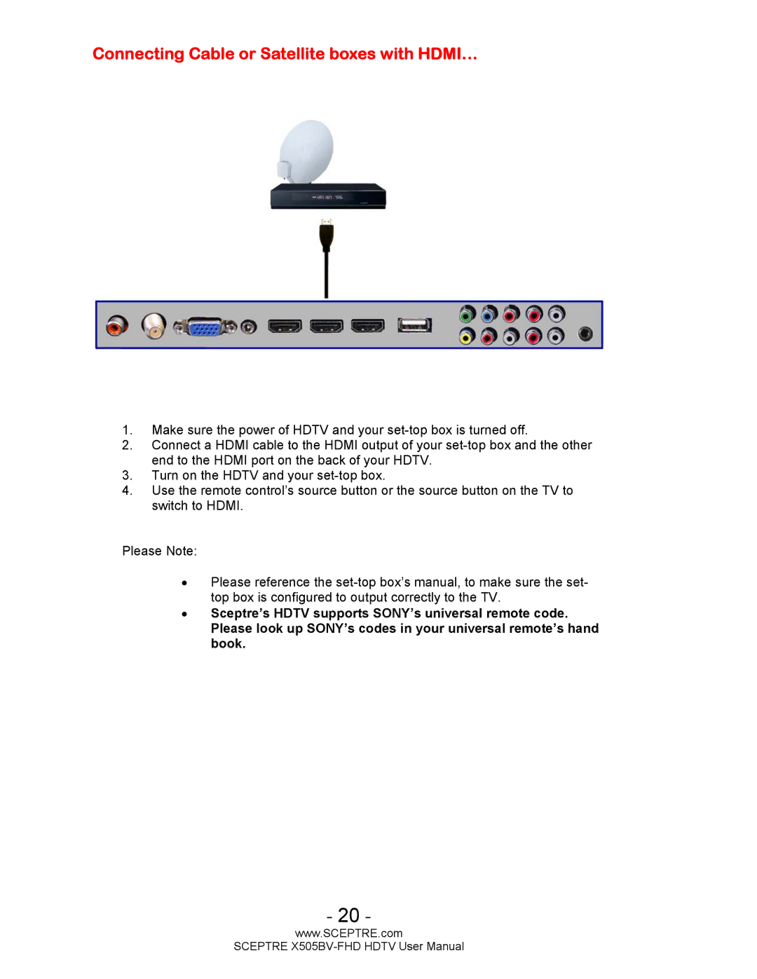 Sceptre Technologies X505BV-FHD user manual Connecting Cable or Satellite boxes with HDMI… 