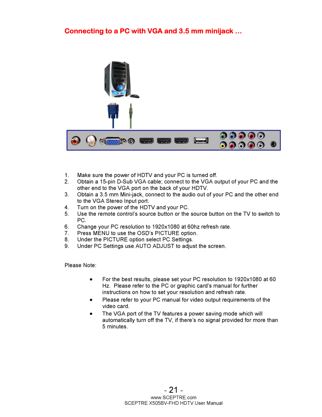 Sceptre Technologies X505BV-FHD user manual Connecting to a PC with VGA and 3.5 mm minijack … 