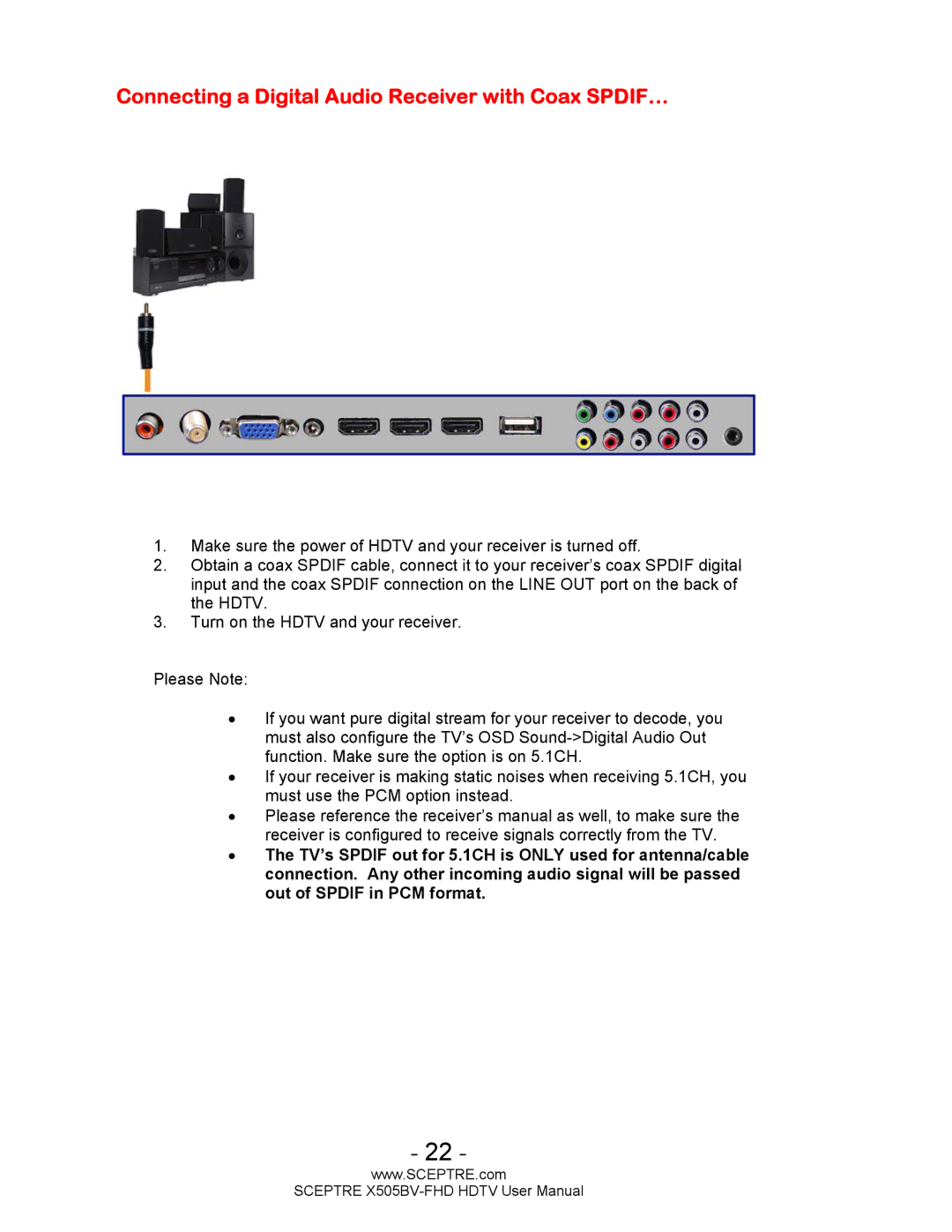 Sceptre Technologies X505BV-FHD user manual Connecting a Digital Audio Receiver with Coax SPDIF… 