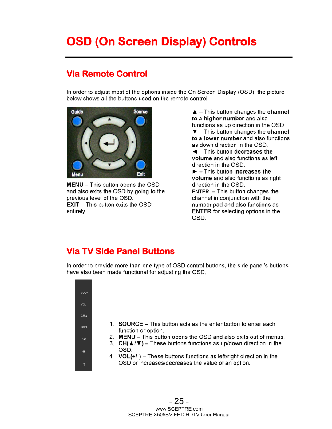 Sceptre Technologies X505BV-FHD user manual OSD On Screen Display Controls, Via Remote Control, Via TV Side Panel Buttons 