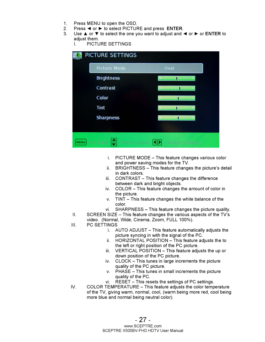 Sceptre Technologies X505BV-FHD user manual Picture Settings 