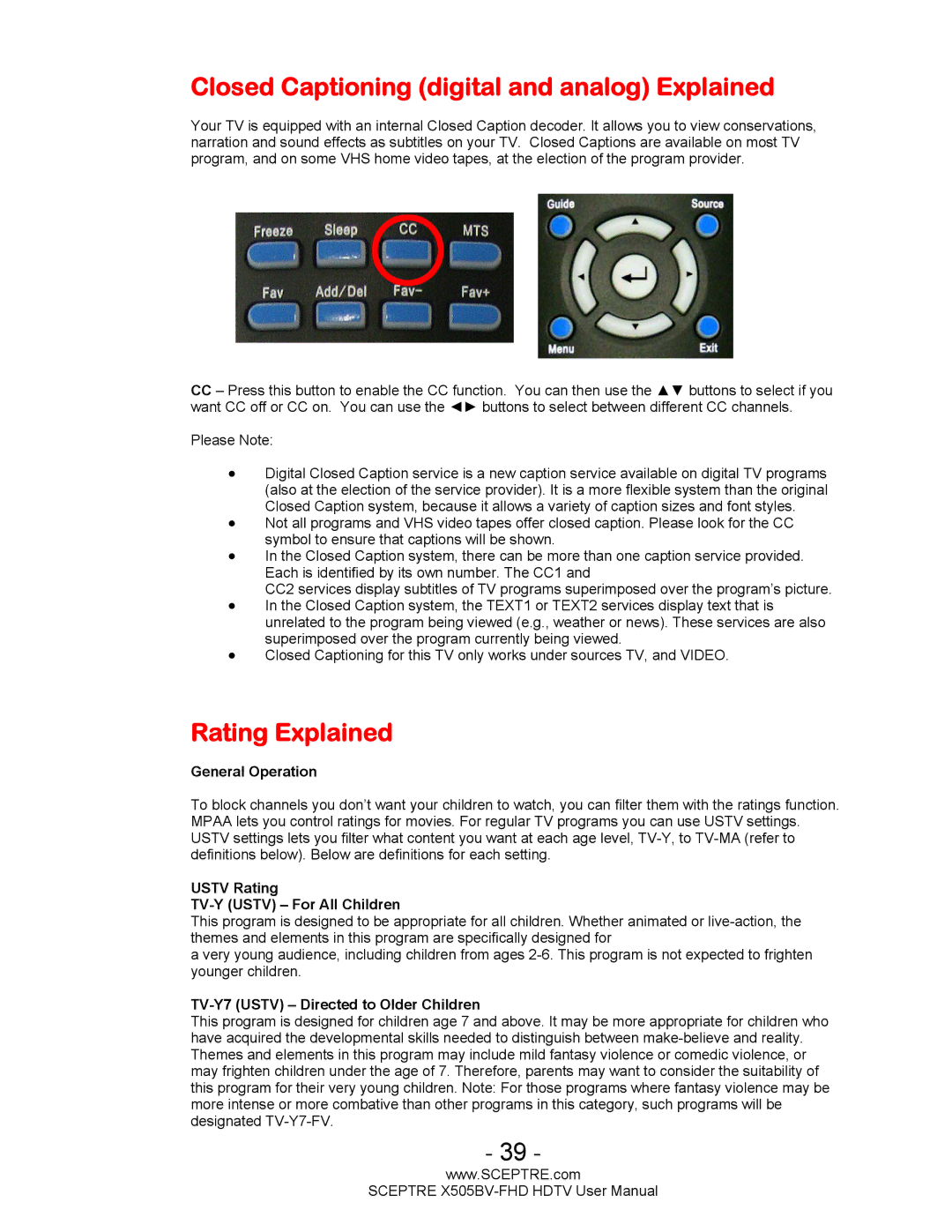 Sceptre Technologies X505BV-FHD user manual Closed Captioning digital and analog Explained, Rating Explained 