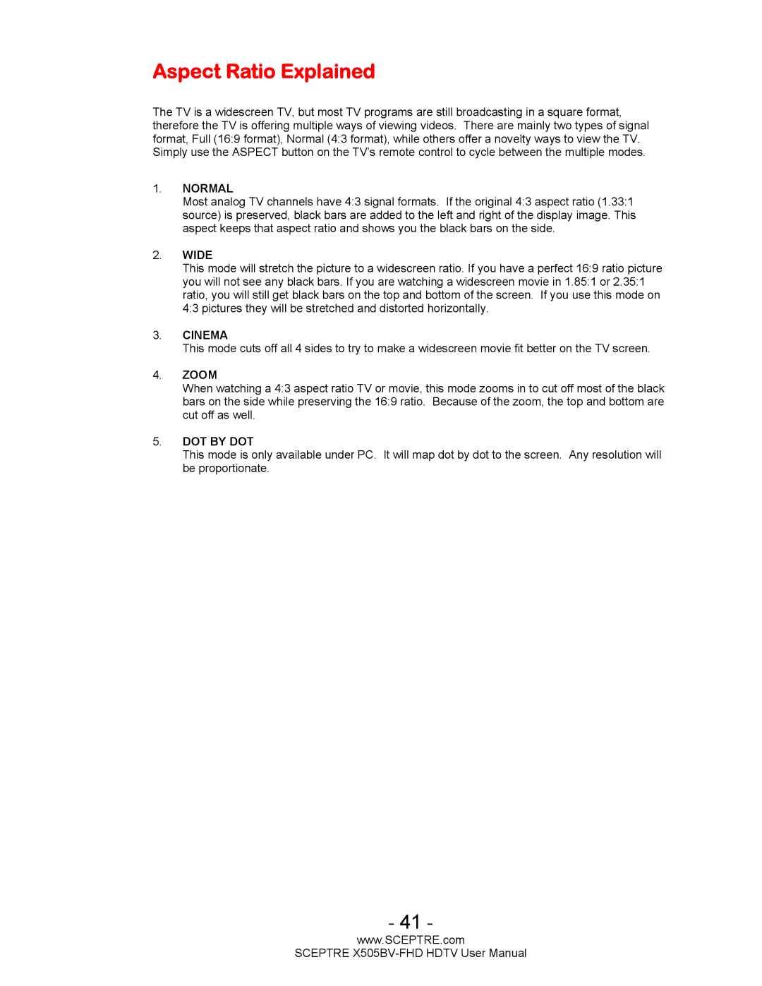 Sceptre Technologies X505BV-FHD user manual Aspect Ratio Explained, Normal 