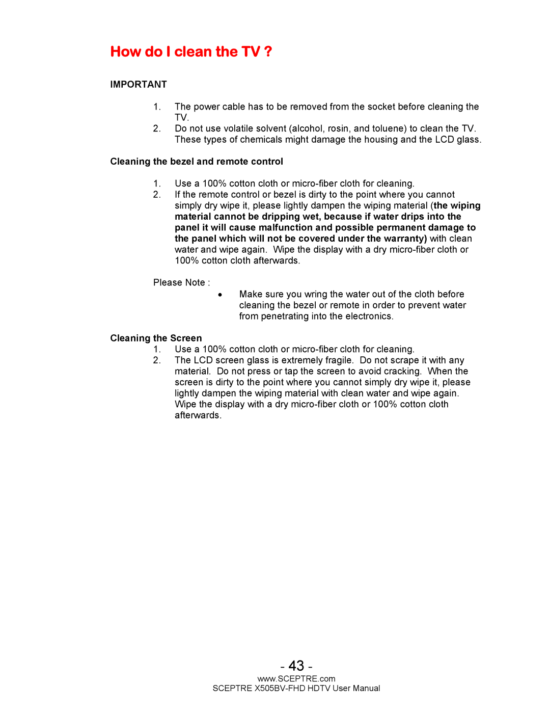 Sceptre Technologies X505BV-FHD user manual How do I clean the TV ?, Cleaning the bezel and remote control 