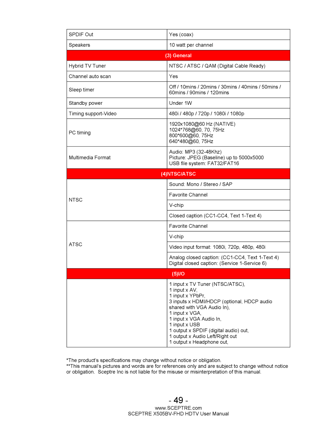 Sceptre Technologies X505BV-FHD user manual 4NTSC/ATSC 