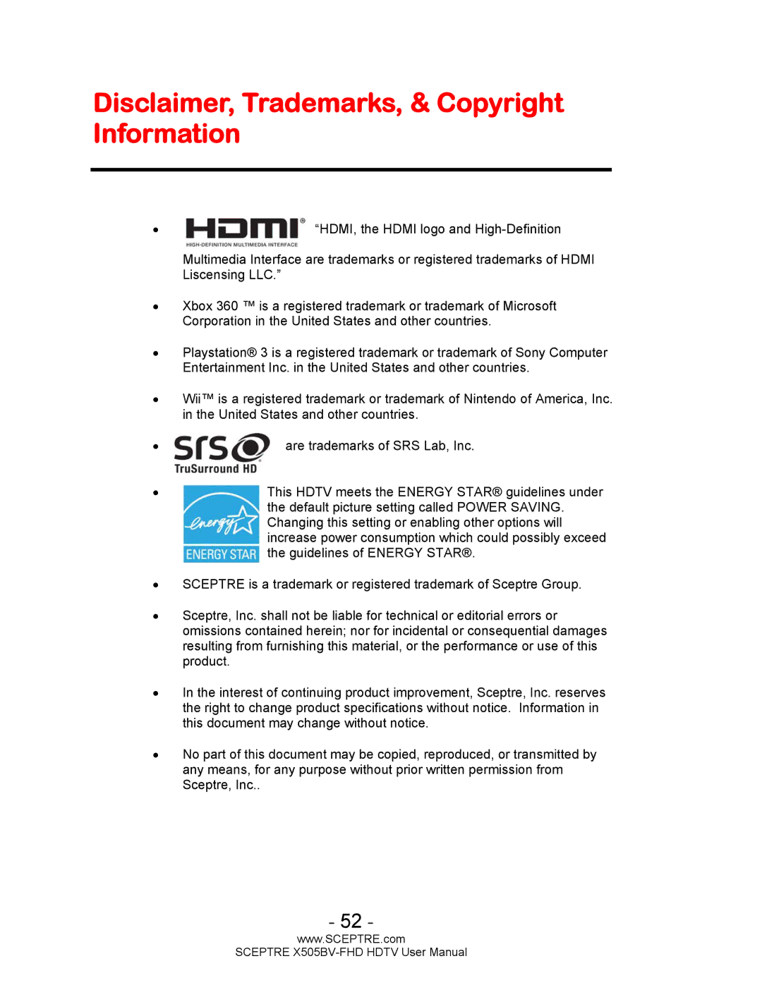 Sceptre Technologies X505BV-FHD user manual Disclaimer, Trademarks, & Copyright Information 