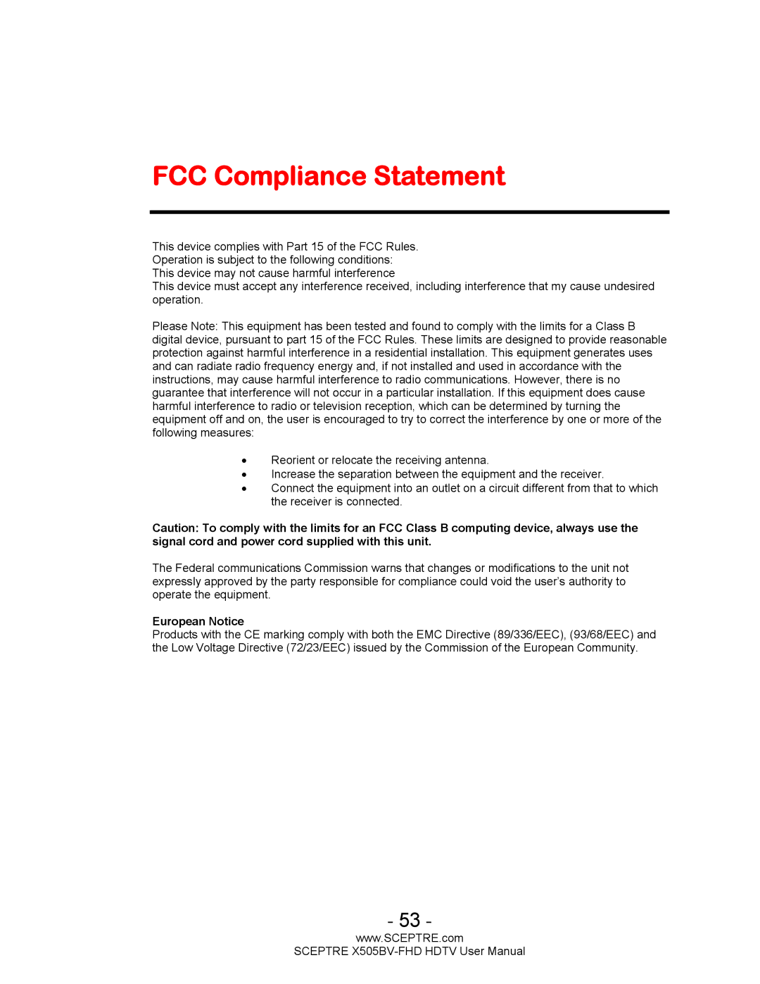 Sceptre Technologies X505BV-FHD user manual FCC Compliance Statement, European Notice 