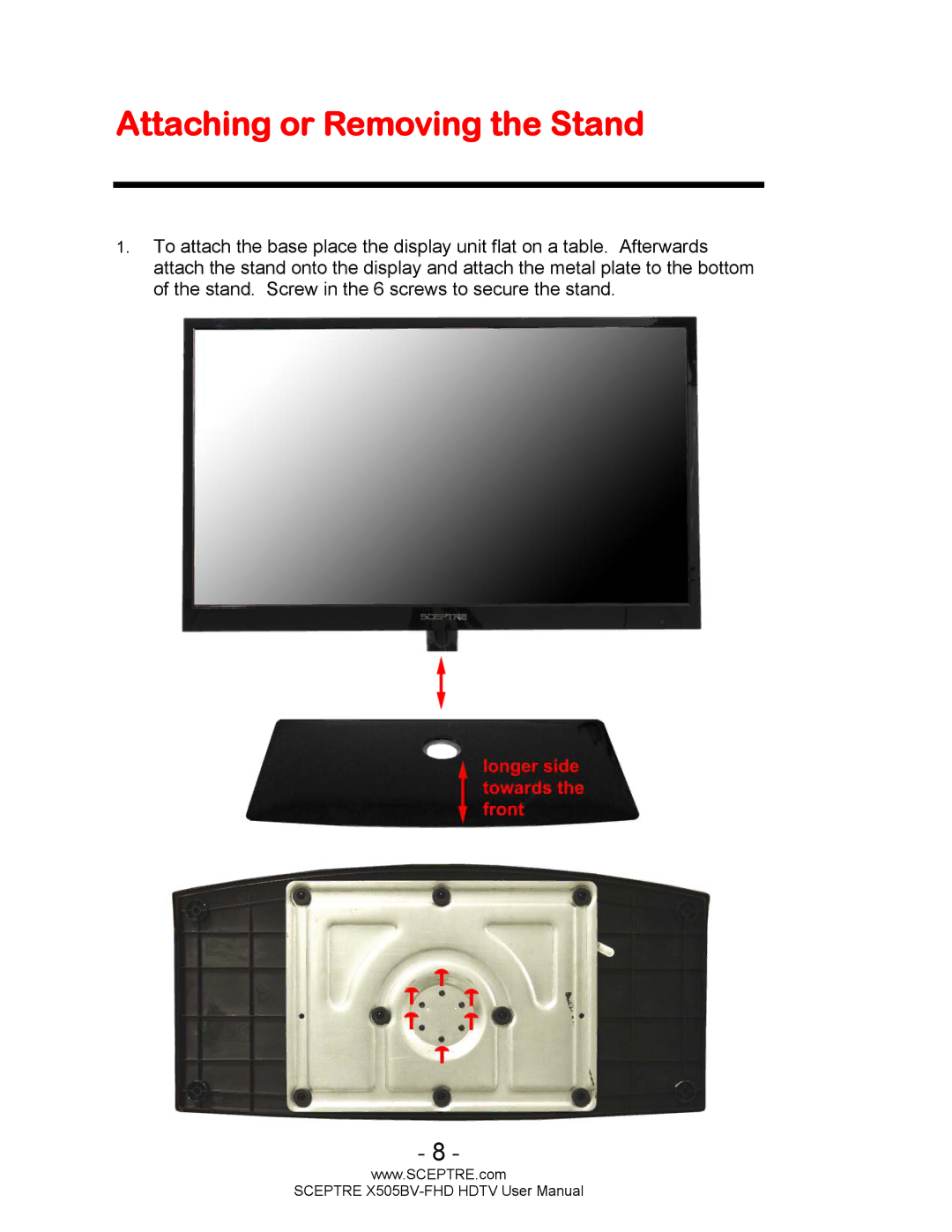 Sceptre Technologies X505BV-FHD user manual Attaching or Removing the Stand 