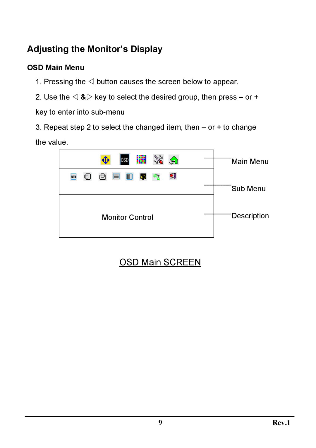 Sceptre Technologies X7S-NagaV user manual Adjusting the Monitor’s Display, OSD Main Menu 