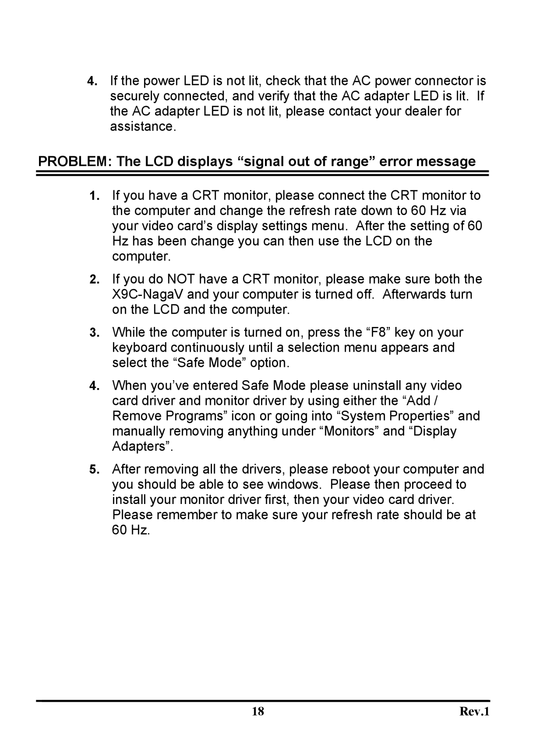 Sceptre Technologies X9C-NagaV user manual Problem The LCD displays signal out of range error message 