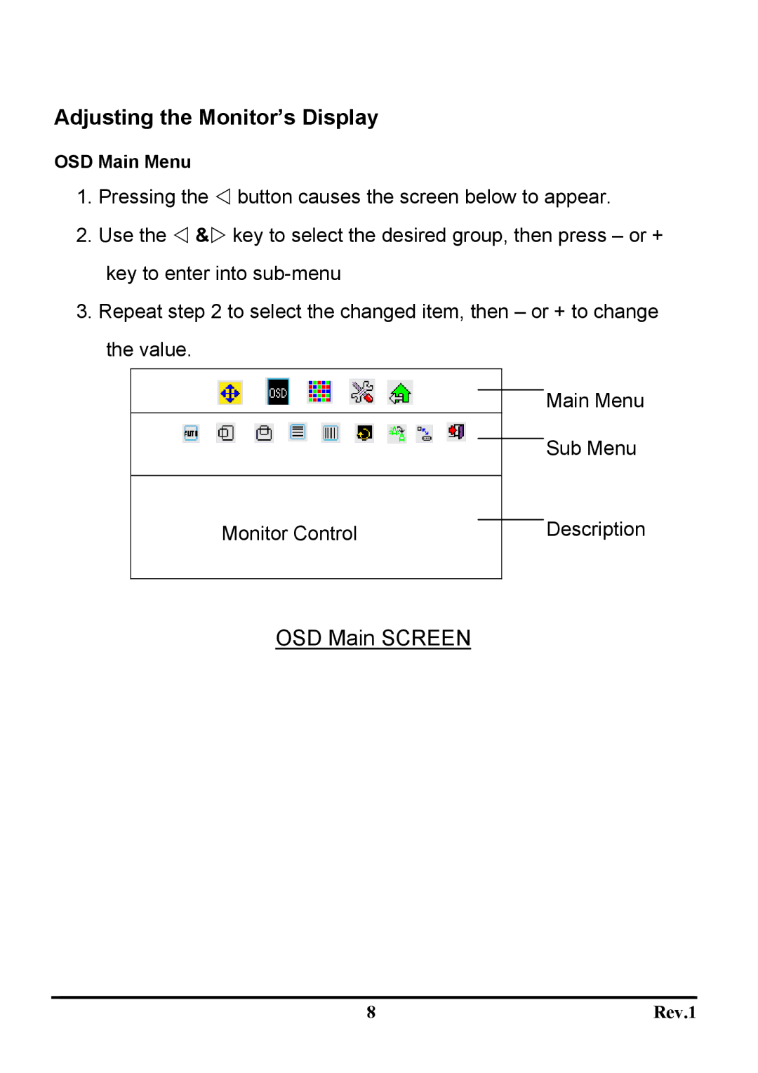 Sceptre Technologies X9G-NAGAV user manual Adjusting the Monitor’s Display, OSD Main Screen 