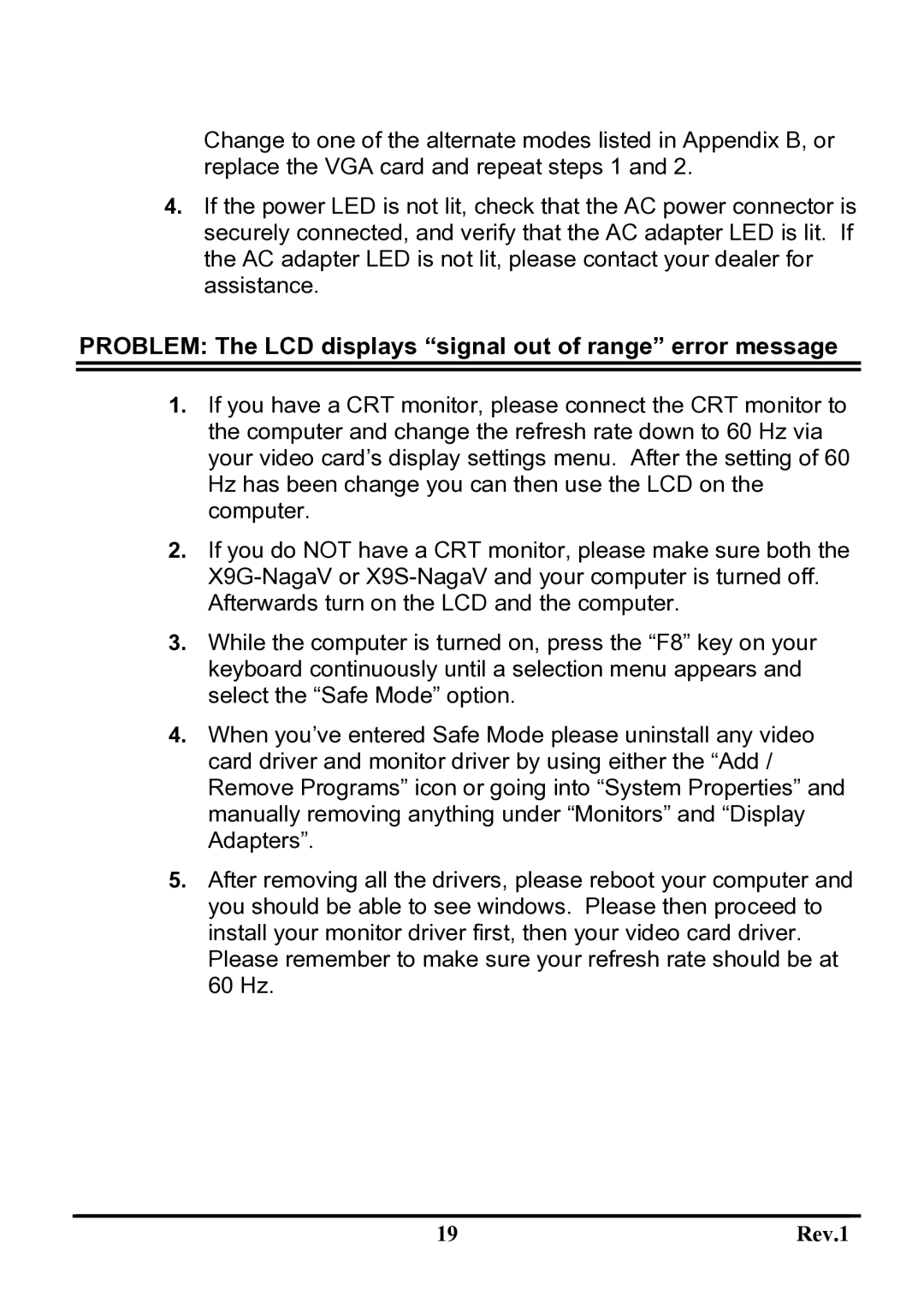 Sceptre Technologies X9S-NagaV user manual Problem The LCD displays signal out of range error message 