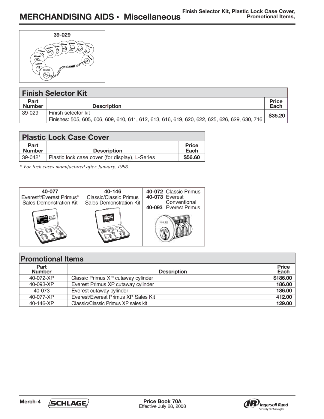 Schlage 70A manual Merchandising Aids Miscellaneous, Finish Selector Kit, Plastic Lock Case Cover, Promotional Items 