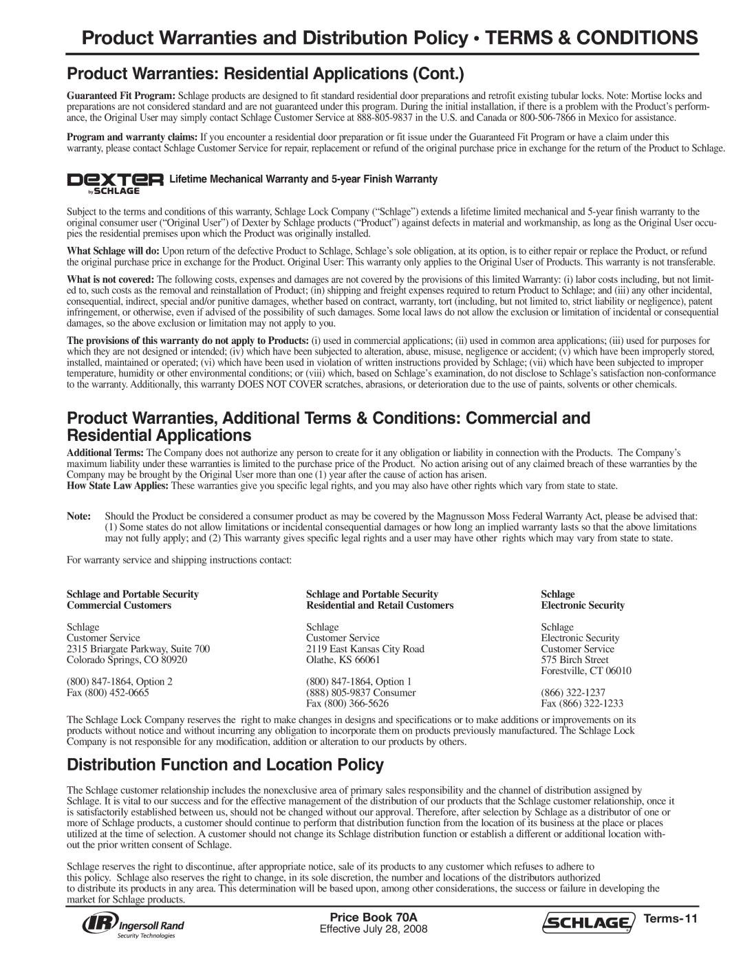 Schlage manual Distribution Function and Location Policy, Price Book 70A Terms-11 