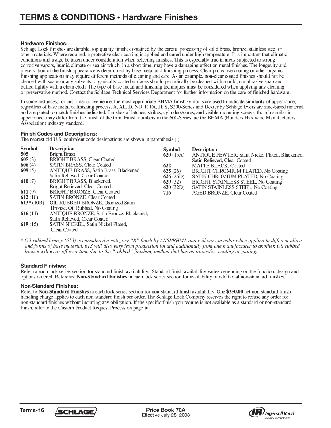 Schlage 70A manual Terms & Conditions Hardware Finishes, Finish Codes and Descriptions, Non-Standard Finishes 