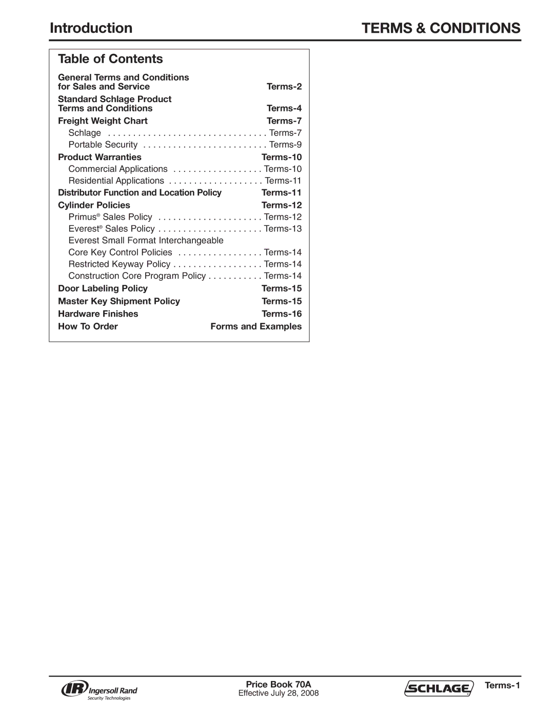 Schlage 70A manual Introduction, Table of Contents 