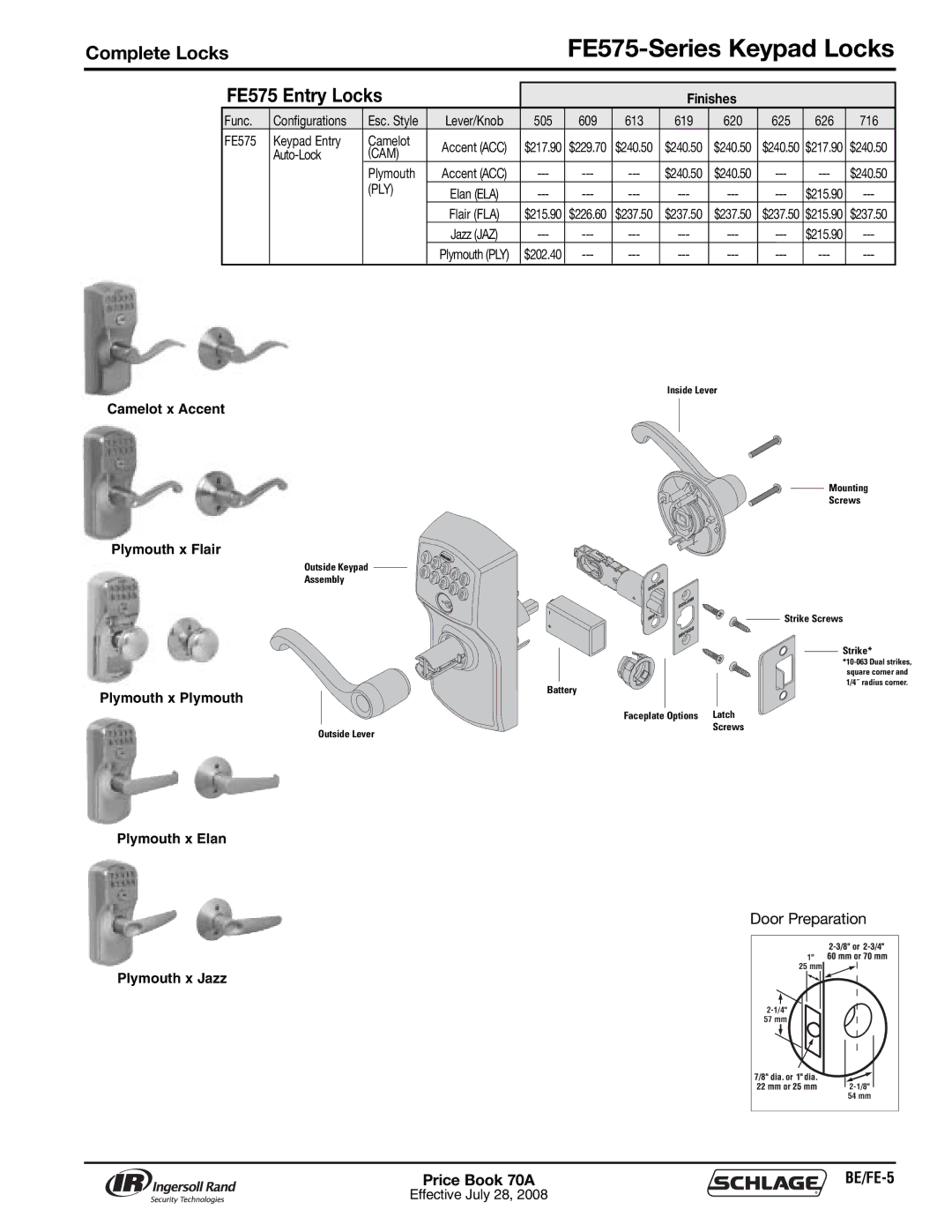 Schlage 70A manual FE575-Series Keypad Locks, FE575 Entry Locks 