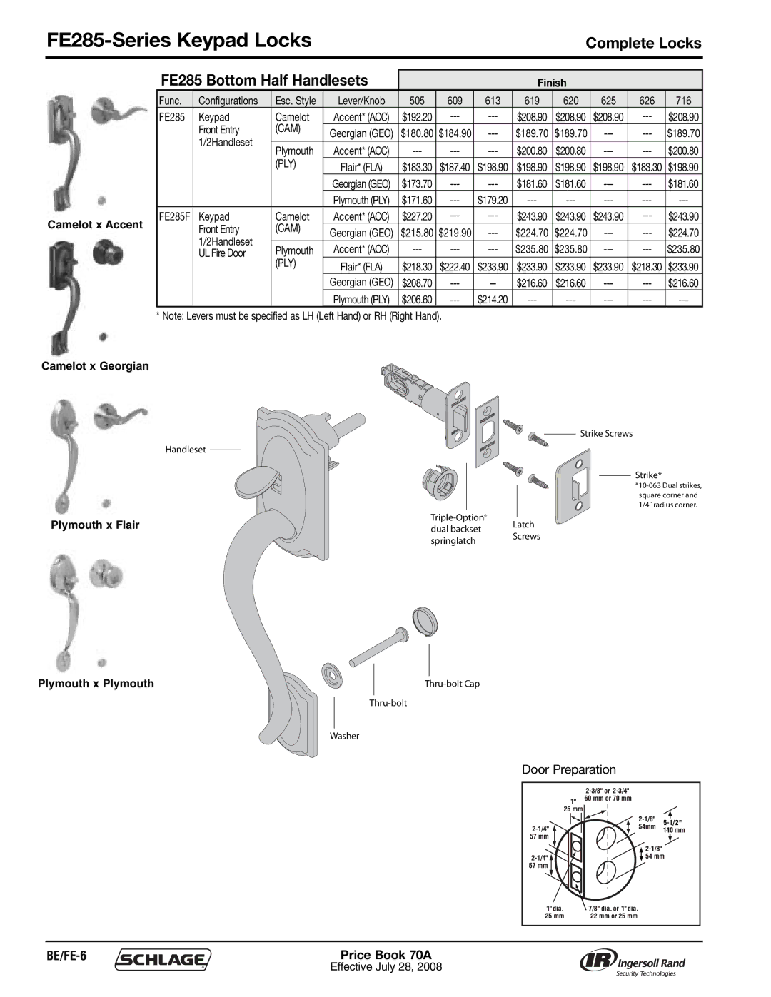 Schlage manual FE285-Series Keypad Locks, BE/FE-6 Price Book 70A, Finish 