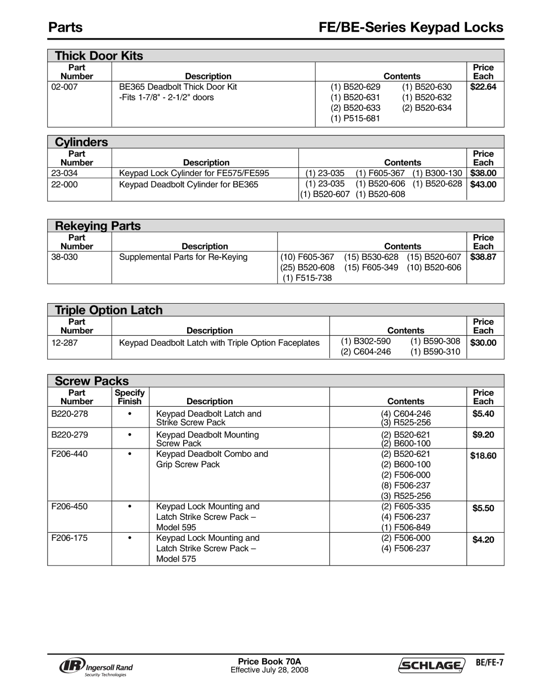 Schlage 70A manual Parts FE/BE-Series Keypad Locks, Rekeying Parts, Triple Option Latch, Screw Packs 