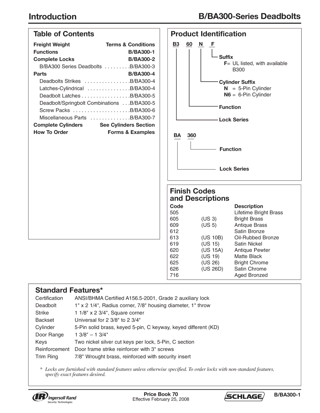 Schlage 70A manual Introduction BA300-SeriesDeadbolts, Parts BA300-4, B3 60 N F Suffix, Cylinder Suffix, Price Book BA300-1 