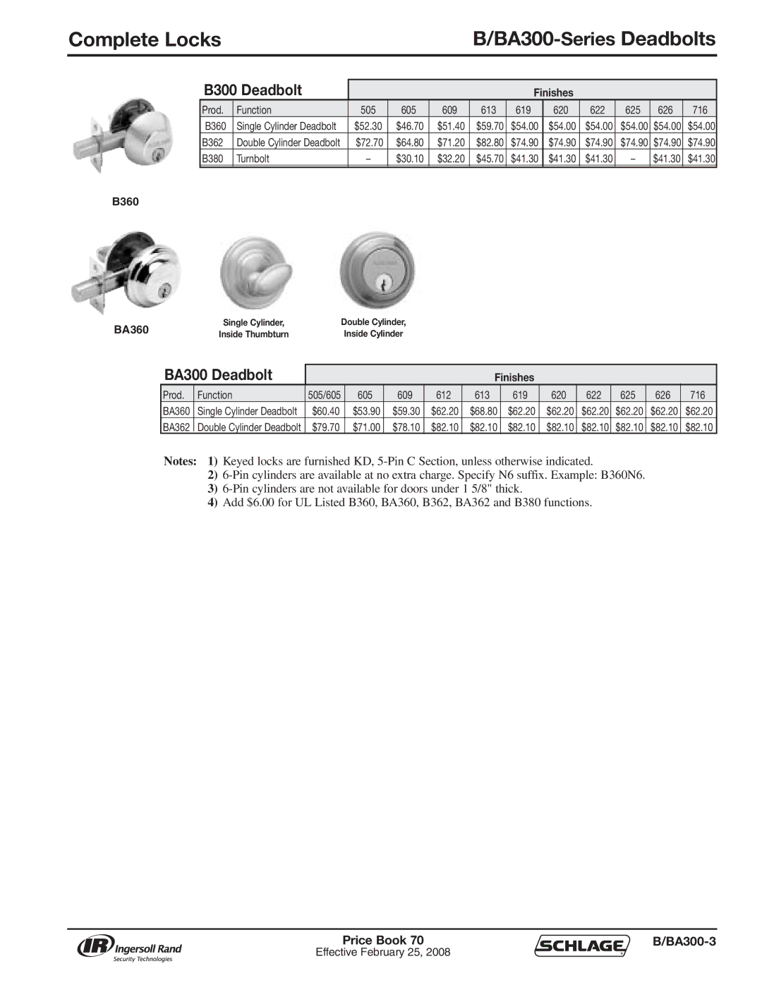 Schlage 70A manual Complete Locks BA300-SeriesDeadbolts, Price Book BA300-3 