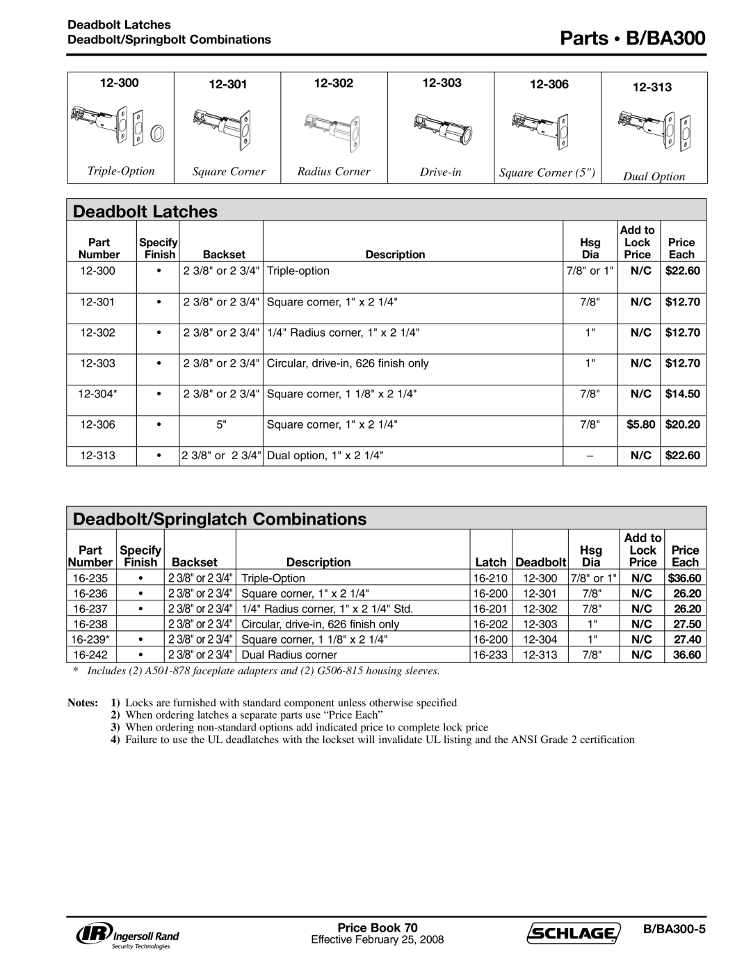 Schlage 70A manual Parts B/BA300, Deadbolt Latches, Deadbolt/Springlatch Combinations 