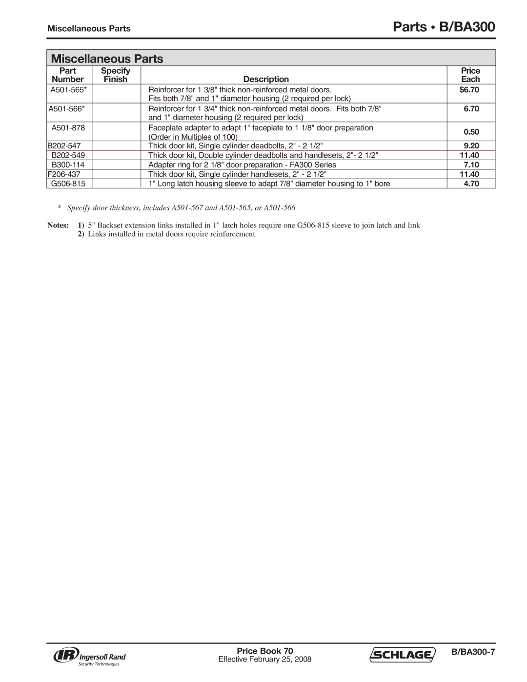Schlage 70A manual Miscellaneous Parts, Part Specify Price Number Finish Description Each, Price Book BA300-7 