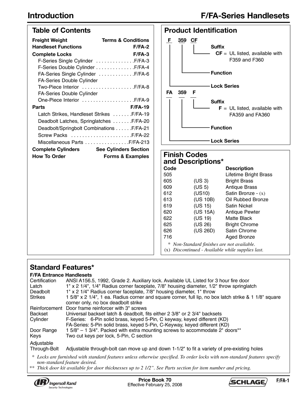 Schlage 70A manual Introduction FA-Series Handlesets, Parts FA-19, FA Entrance Handlesets 