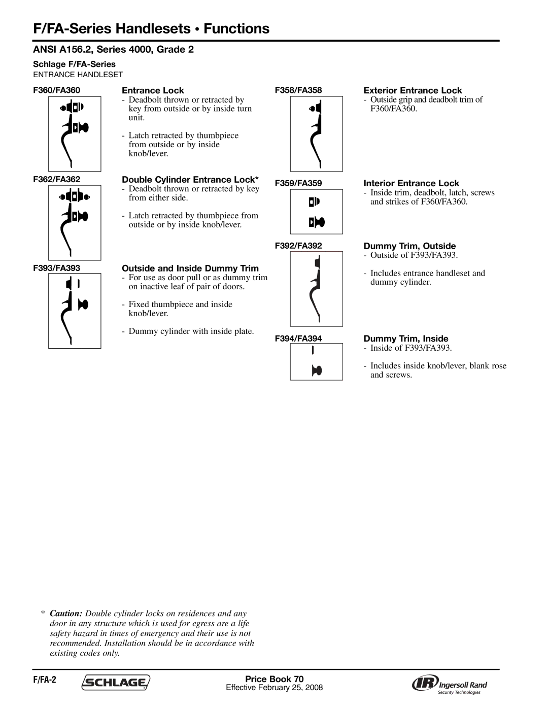 Schlage 70A manual FA-Series Handlesets Functions, Ansi A156.2, Series 4000, Grade, FA-2 Price Book 