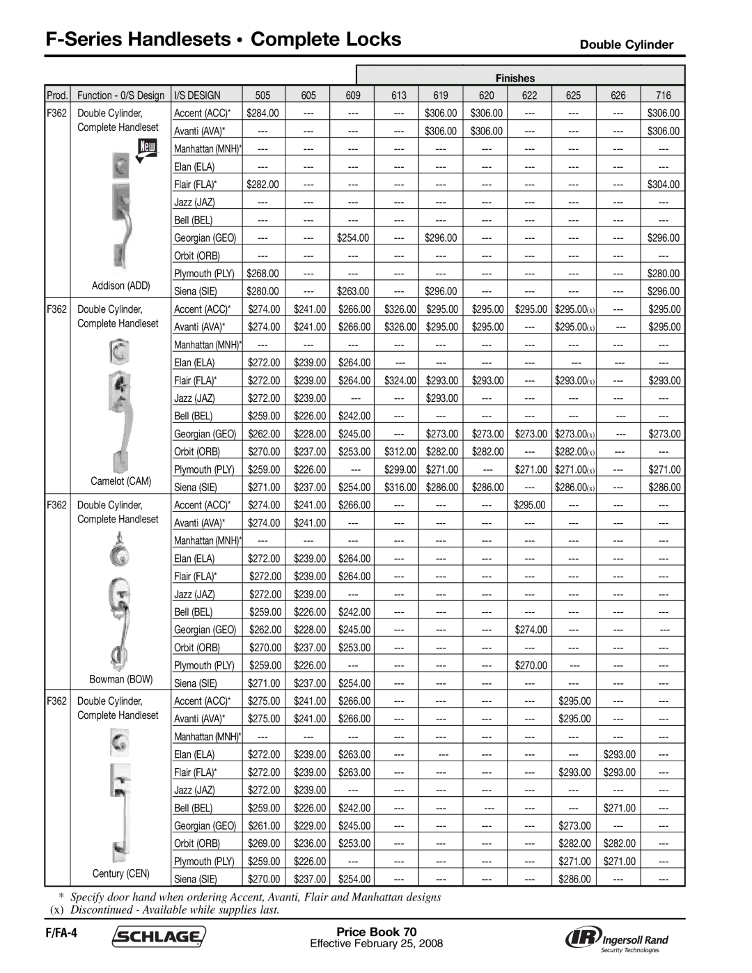 Schlage 70A manual Series Handlesets Complete Locks, Double Cylinder, FA-4 Price Book 