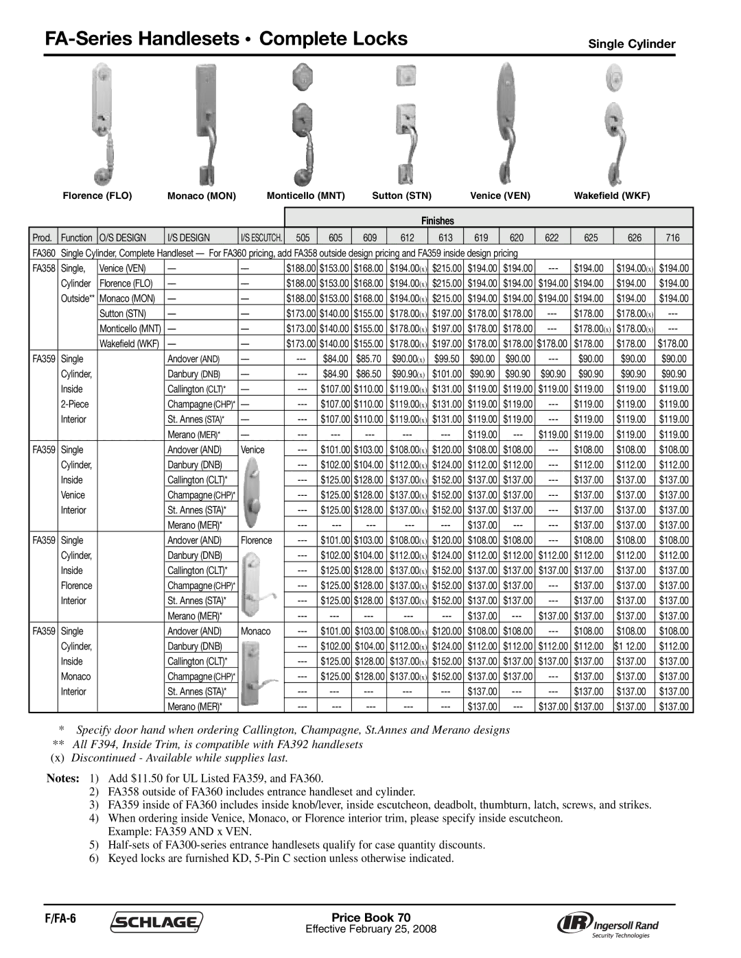 Schlage 70A manual FA-Series Handlesets Complete Locks, FA-6 Price Book, Single Cylinder 